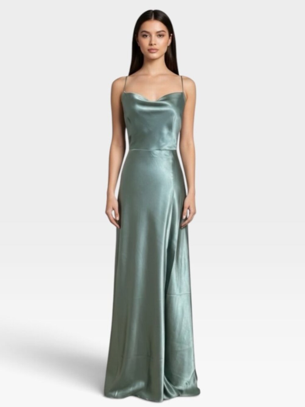 Birdy Grey Satin Slip Dress S Sage Green Cowl Neck Maxi Bridesmaid Side Slit
